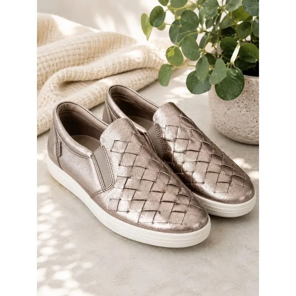 ECCO Soft 7 Woven Metallic Rose Gold Leather Slip On Sneakers EU 42 US 11 - Picture 1 of 7